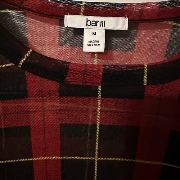 *CLEARANCE* Bar III sheer chiffon ruched sleeve red & black plaid long sleeve - Picture 8 of 9